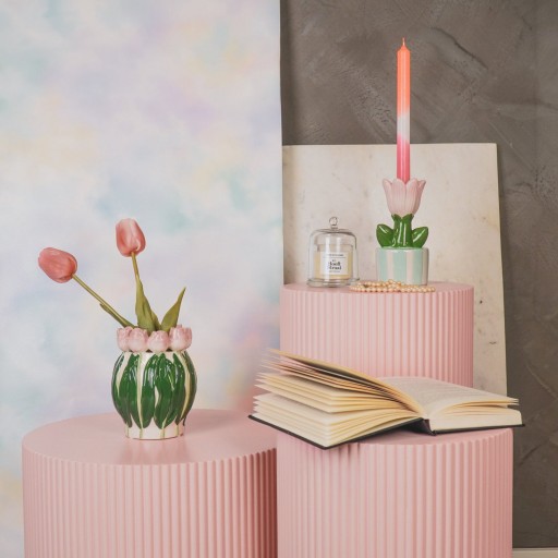 VASE-TULIPS- Dolomiet-lichtroze/ groen-12,5x12,5x16cm