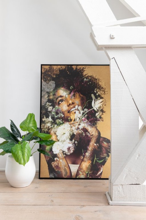 J-Line Frame Woman Flowers Canvas/Wood Mix