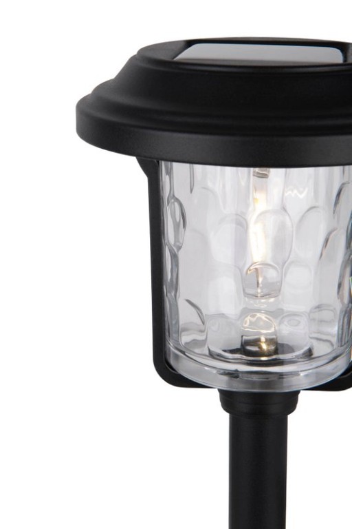 Solar-deco-earth spit "Simon" 54.7 cm high, made of black metal and structured glass, integrated LED, warm white.