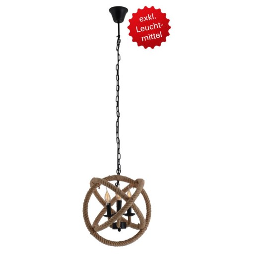 Pendant lamp "Regia", black metal, hemp rope, E27 socket, lighting for living room, dining room or office, 43 cm diameter