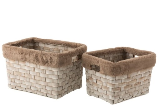 J-Line set of 2 m and rectangular - faux fur/rattan - brown