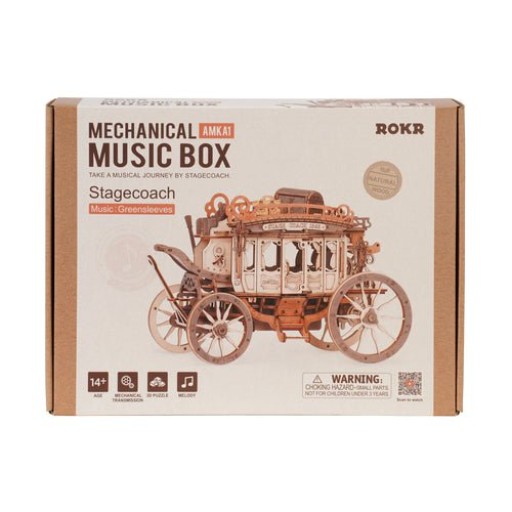 Music Box Wood DIY 3D Mechanical Music Box Stagecoach / Mechanical Music Box Carriage, Robotime, AMKA1, 21.8x11.2x14.6cm