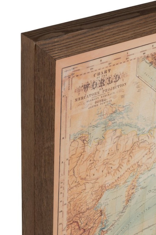 J-Line frame World map LED battery - wood/canvas - brown/natural