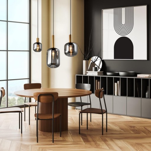 3er Pendelleuchte "FUMO", Pendellampe aus Metall und Glas in Schwarz,, mit E14-Fassung, für Esszimmer, Wohnzimmer, Diele oder Büro, Hängelampe 82 cm lang