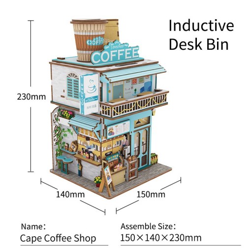 Tone-Cheer DIY 3D Wooden Puzzle Desk Bin, Cape Coffee Shop, TQ181,15x14x23cm