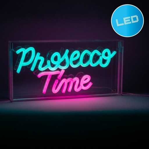 LED font light "Prosecco Time" decoration for inside 30 x 15 cm, in blue and magenta-red