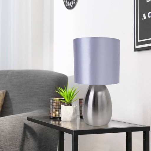 Tischleuchte "AURUM" 33 cm hoch in stahl-blank/grau, aus Metall und Textil, mit E14-Fassung, Beleuchtung für Esszimmer, Wohnzimmer, Diele oder Büro