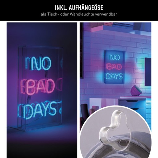 LED font light "No Bad Days" decoration for inside 30 x 18 cm, in blue and magenta-red
