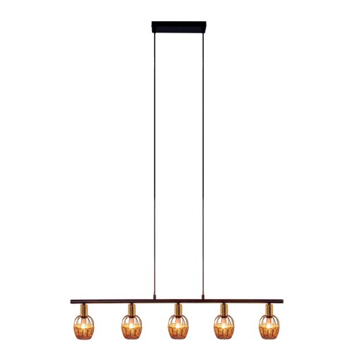 5 hanglamp "Corbis", echtelijke lamp gemaakt van zwart in zwart, met goud en rotan, met E14 -aansluiting, voor eetkamer, woonkamer, gang of kantoor, 100 cm lang