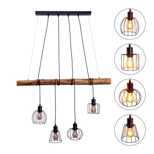 4 pendant lamp "Woodland", hanging lamp, metal and wood in black, and natural E27 socket, for dining room, living room, hallway or office, 100 cm long