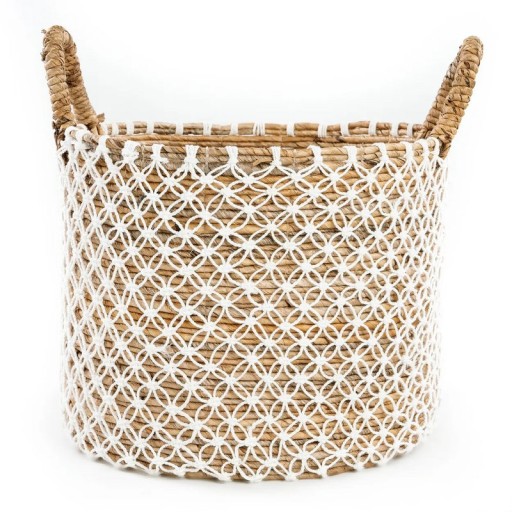 The Crossed Stitched Macrame Basket – L | Ø40 cm | Handgemaakte Seagrass Mand – Witte Macramé