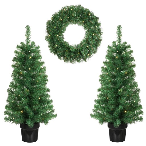 Norton Set van 2 Kunstkerstbomen & 1 Kerstkrans met LED | Groen | 90 cm / Ø45 cm