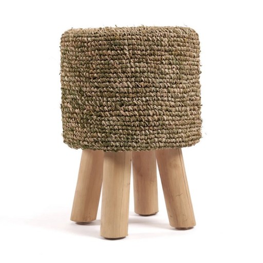 Raffia Tressed Kruk | Stool Teakhout | Groen/Naturel (30x30x45 cm)