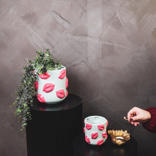 Pot - Kisses - Ceramics - Mint/Pink - 17,5x17,5x17,5cm