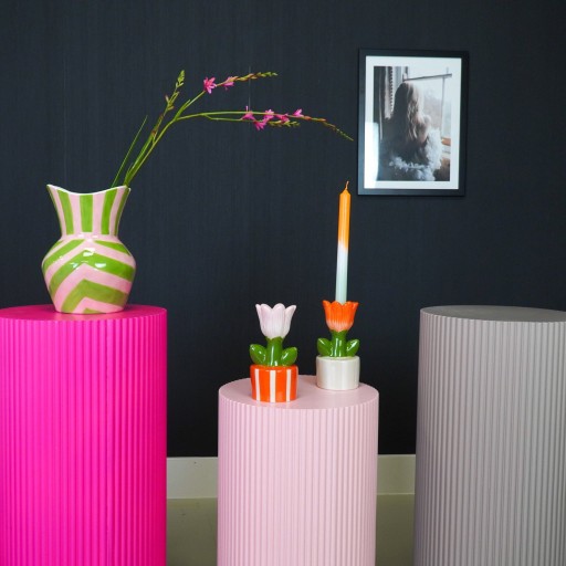 VASE-STRIKS-steengoed -groen/ roze- 16x16x22cm