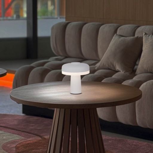 Cordless table light "Pilu", 16.5 cm high, above Ø of 15 cm, metal in white, white plastic, integrated LEDs, 280 lumens, dimmable by touch sensor, warm white