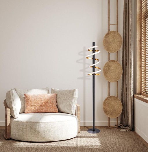 LED-Stehleuchte "BELLEZA", moderne Stehlampe aus Metall und Kunststoff in Schwarz, Gold und Weiß, mit fest verbauten LEDs, 140 hoch, Beleuchtung für Wohnzimmer, Esszimmer, Schlafzimmer oder Büro.
