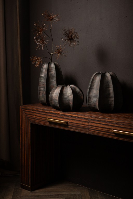 Grayson Black Ceramic Round Ribbed Vase Low