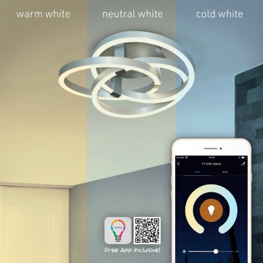 Smart Home LED ceiling light "Divora" Ø 70 cm, ceiling lamp made of metal, aluminum brushed and white plastic, with many functions, firmly built -in LEDs, lighting for living room, dining room office or hallway
