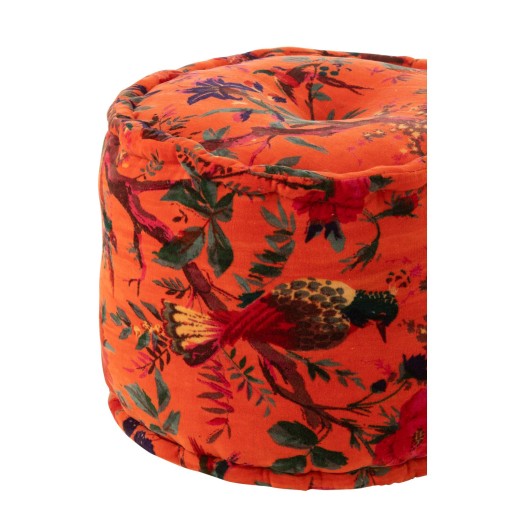 J-Line Poef Rond Vogels/Bloemen Katoenfluweel Oranje