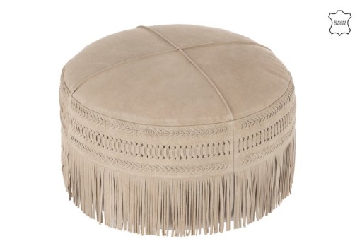 J-Line Pouf Fringes Round Leather Light Gray