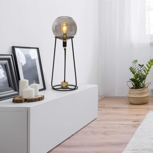 Table lamp "Stelo", modern table lamp made of black metal and smoke glass, E27 socket, 71 cm high, for dining room, living room, hallway or office,