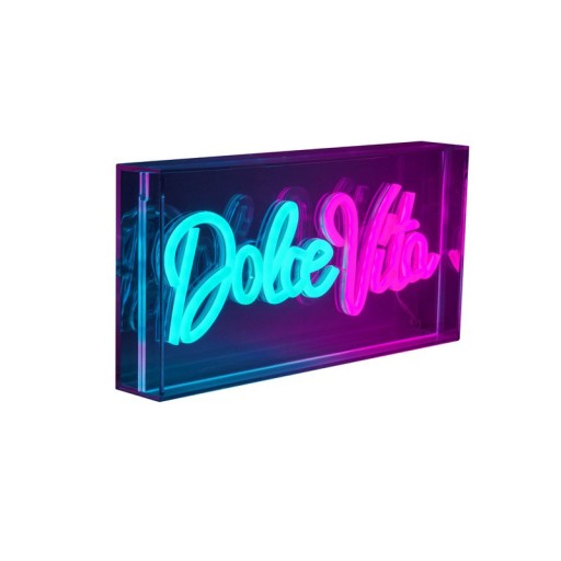 LED font light "Dolce Vita" decoration for inside 30 x 15 cm, in blue and magenta-red