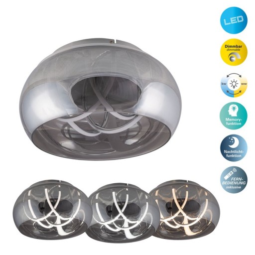 LED ceiling light "Malou" Ø 45 cm, 23.5 cm high, made of metal, smoke glass, integrated LEDs, warm white