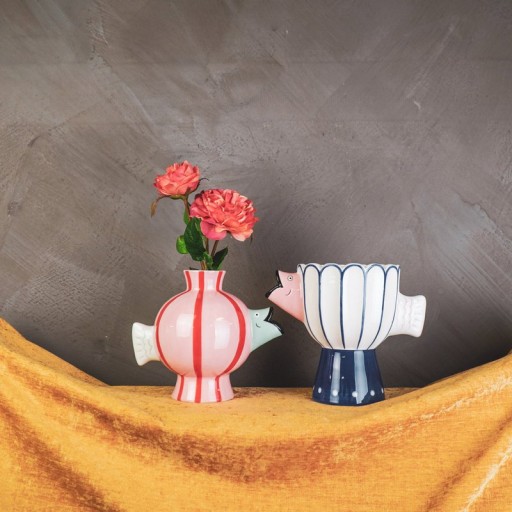 Vase - Fish- Dolomite -Pink/Mint/Red -21.5x13x17cm