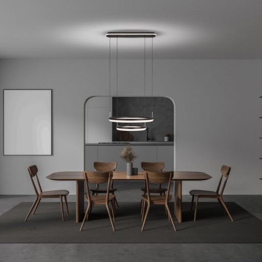 LED CCT pendant light "Circulo" made of black metal and sand-colored plastic, with integrated LED and many functions, Ø 60 cm, 150 cm high.
