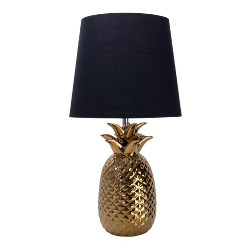 Ceramic table lamp "pineapple", table lamp made of ceramic with gold-colored glaze and black fabric screen, with E14 socket, for dining room, living room, hallway or office, table lamp 45 cm high