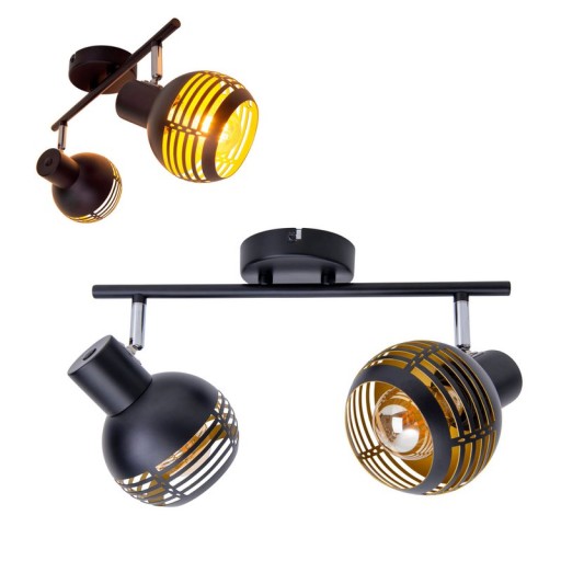 2-seater wall and ceiling light spot "Casco" made of metal in black, and gold, with E27 socket, 36 x 12 x 15 cm. Stylish lighting for living room, dining room or kitchen.