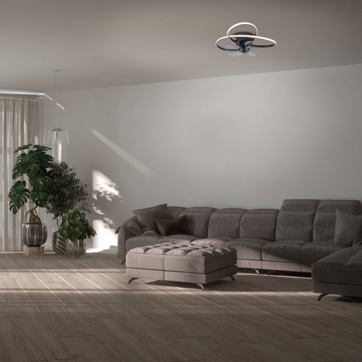 Die moderne LED Deckenleuchte "LECCIO" inklusive Ventilator, Nachtlichtfunktion, Dimmung und Lichttemperatureinstellung ist mit fest verbauten LEDs bestückt und hat einen ungefähren Øvon 58 cm.