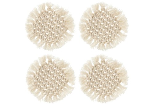 J-Line coaster Round Macramé - polyester - beige - 4 pieces