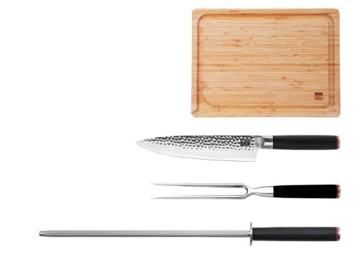 Messenset & Accessoires | BBQ Set: Gyuto Koksmes, Snijvork, Slijpstaal & Bamboesnijplank