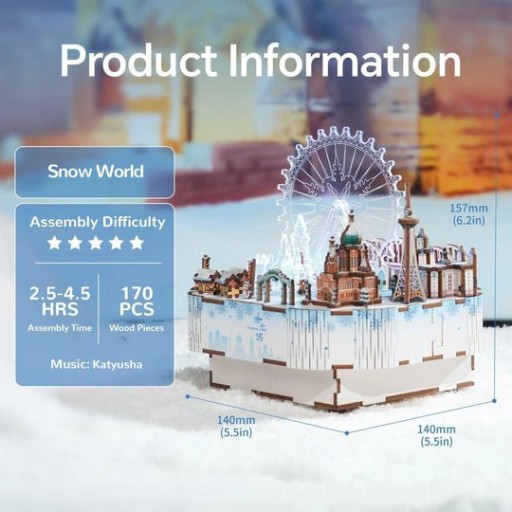 Tonecheer, Muziekdoosje, DIY 3D Houten Puzzel, Snow World, TQ071, 14x16x15,7cm