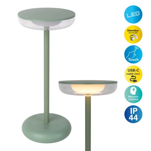 Cordless tablet light "Pasi" for outside and inside, made of metal and plastic in MINT, dimmable, with touch and memory function, approx. 26 cm high