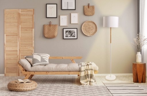 Textile standing lamp "Tessile", floor lamp made of metal, rubber tree and fabric in white and nature, E27 socket, standing lamp 126 cm high