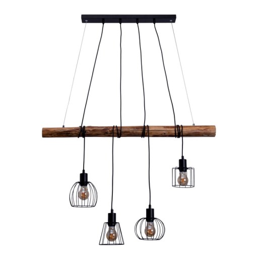 4 pendant lamp "Woodland", hanging lamp, metal and wood in black, and natural E27 socket, for dining room, living room, hallway or office, 100 cm long