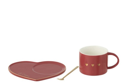 J-Line Mug + Plate + Spoon 3 Heart Ceramic Red