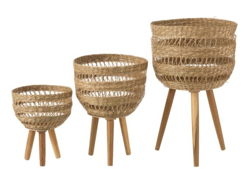 J-Line set of 3 baskets on tripod - seagrass - natural