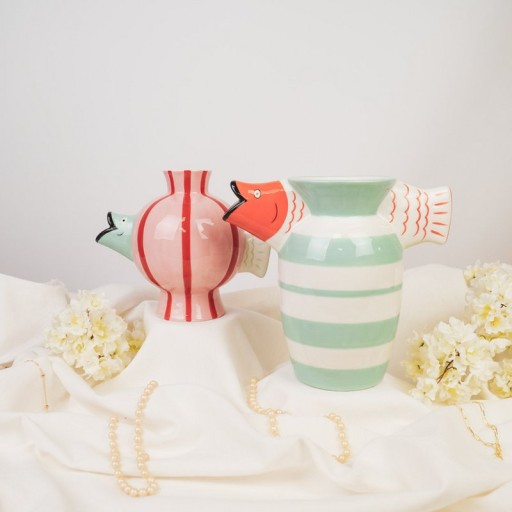 Vase - Fish- Dolomite -Pink/Mint/Red -21.5x13x17cm