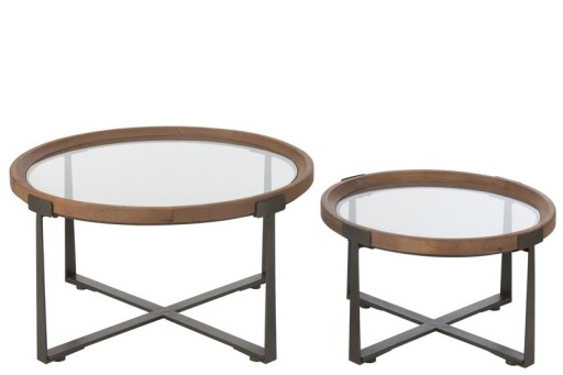J-Line Set of 2 Coffee Table Luki Glass/Fir Wood Natural/Black