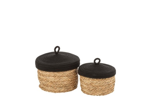 J-Line set of 2 baskets + lid Round - grass/cotton - natural/black