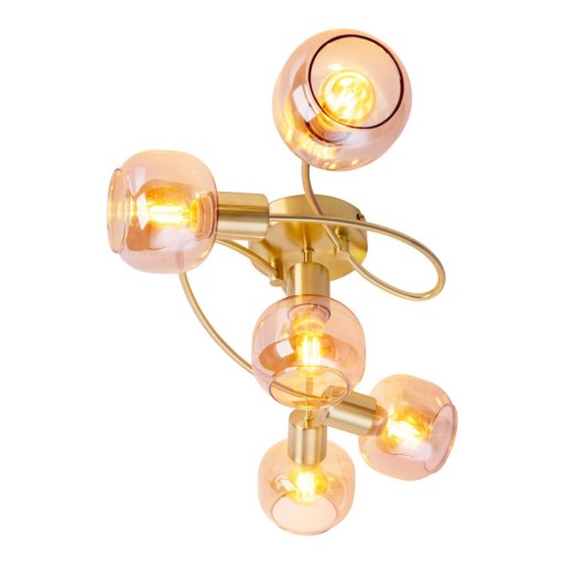 5er Spot/Deckenleuchte "LIBBY" Messing, klassische Deckenlampe aus messingfarbenem Metall und getöntem Glas in Amber, mit E14-Fassung, für Esszimmer, Wohnzimmer, Diele oder Büro, 65,5 cm lang