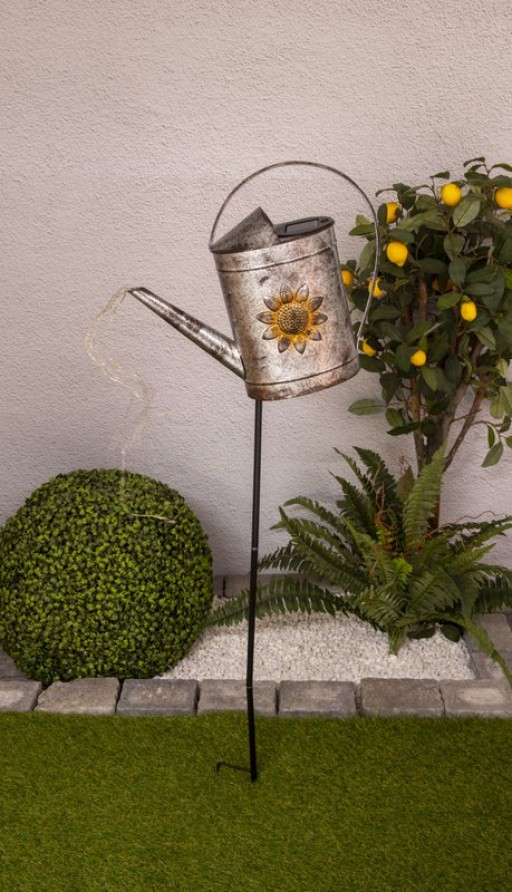 LED solar earth skewer (watering can) h: 110cm galvanized, for outside, ground skewer made of metal and plastic in silver, with integrated LED