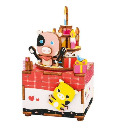 Music Box Wood DIY 3D Puzzle Happy Birthday, Robotime, AM309, 7.3x8.5x13cm