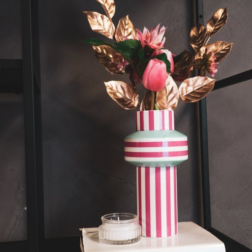 Vaas - Streep - Keramiek - Mintgroen/Neon Roze - 13x13x25cm