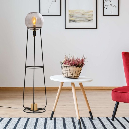 Stacking lamp "Stelo", modern floor lamp made of black metal and smoke glass, E27 socket, 128.5 cm high, for dining room, living room, hallway or office,
