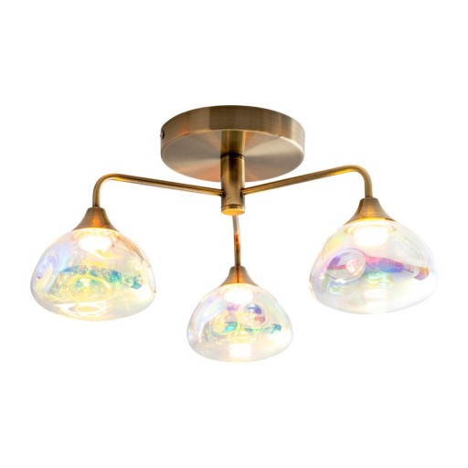 LED ceiling lamp 3-flame "varna", ceiling lamp made of brass-colored metal and iris glass, with firmly built-in LEDs, 42 cm diameter, stylish lighting for living room, dining room or hallway